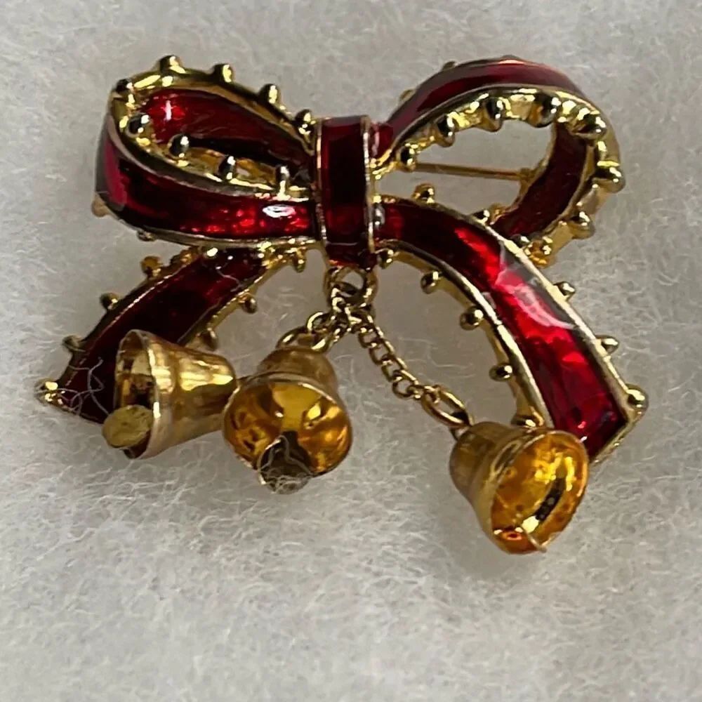 Vintage bow & dangle bells holiday brooch